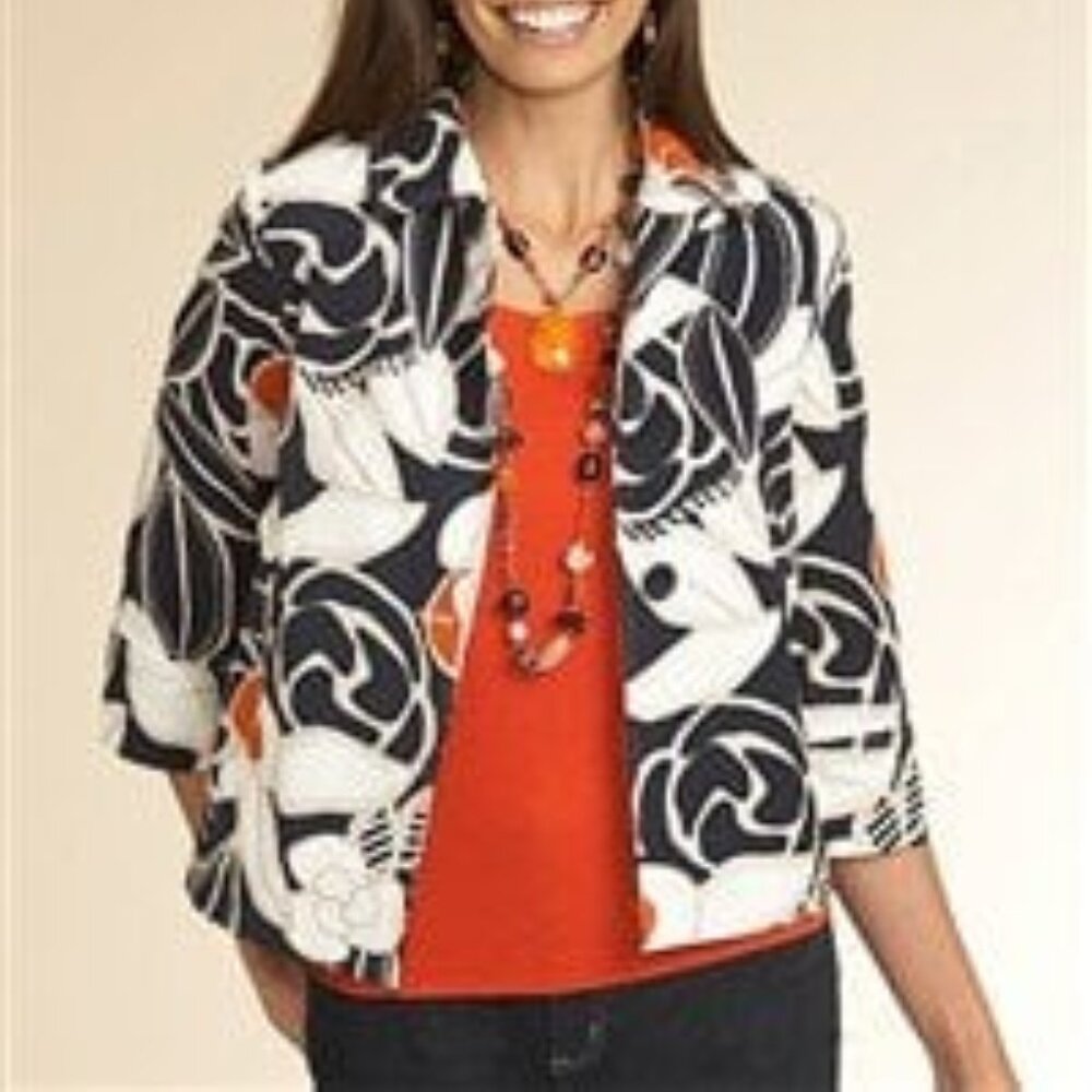 CHICO'S Women's Size 1 Blue Orange Floral Open Front Collared Blazer Coat
